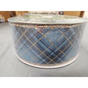 Members Mark Wired Ribbon Christmas Blue Gold Plaid 2.5 in X 50 yards Holidays